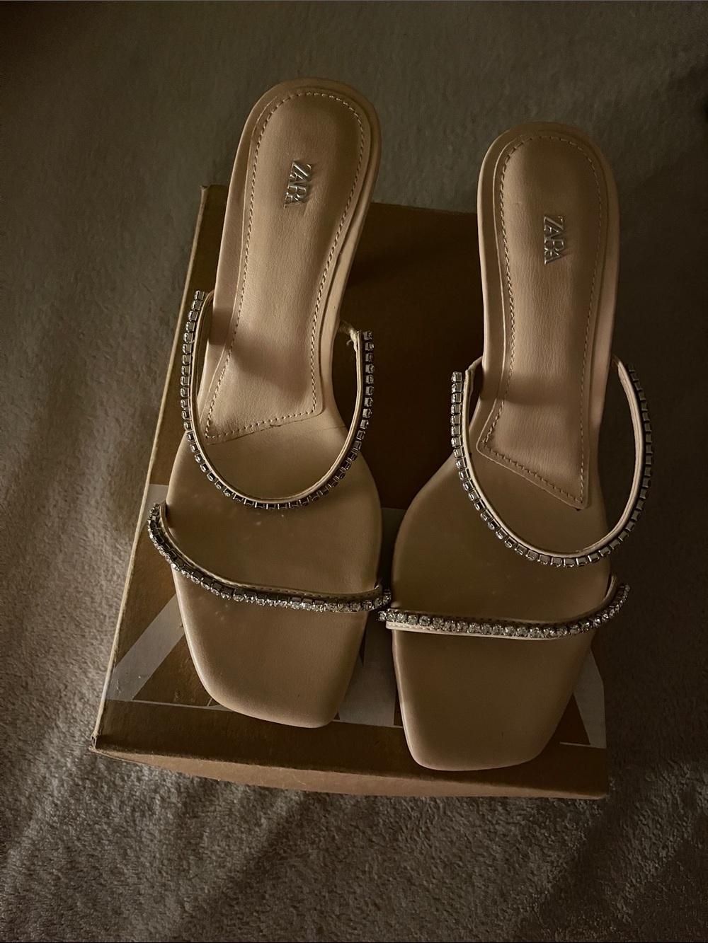Zara Beige Rhinestone Double-Strap Slide Heels